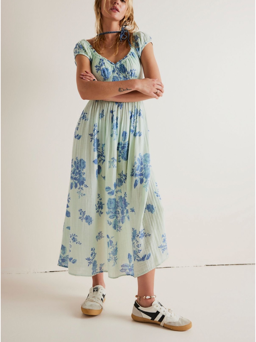 Nwt, Free People Forget Me Not, Mint Green Midi Dress W/ Blue Floral Print